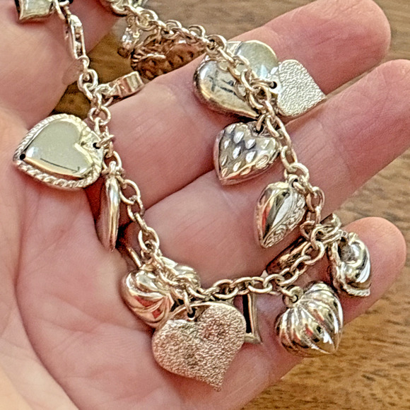 Vintage Jacmel Mauritius JCM Sterling Silver 925 Puffy Heart Charm Bracelet 6.5" - Picture 7 of 7